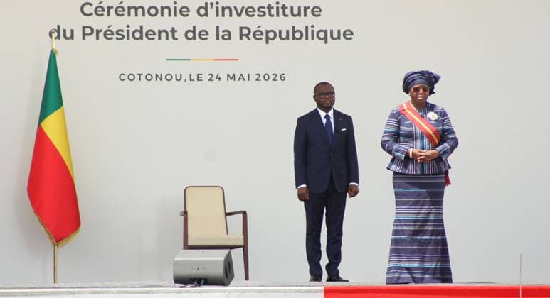 (260524) -- COTONOU, May 24, 2026 -- Benin s president Romuald Wadagni (L) and vice president Mariam Chabi Talata attend the presidential inauguration ceremony in Cotonou, Benin, on May 24, 2026. Romuald Wadagni, who was elected president of Benin in the April 12 election, was sworn in on Sunday at the Congress Palace in Cotonou, the country s economic capital. (Photo by Xinhua) BENIN-COTONOU-PRESIDENT-ROMUALD WADAGNI-INAUGURATION CEREMONY SeraphinxZounyekpe 