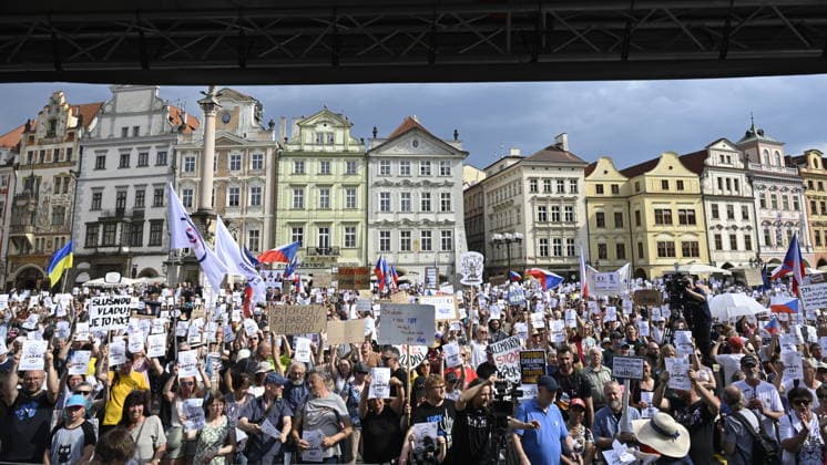 Millions Moments association organises march in Prague to Government Office in support of public Czech Television and Czech Radio. The march starts at Old Town Square, Prague, Czech Republic, on May 24, 2026. (CTKxPhoto MichalxKrumphanzl) CTKPhotoP2026052404607  CTKPhotoP2026052404607