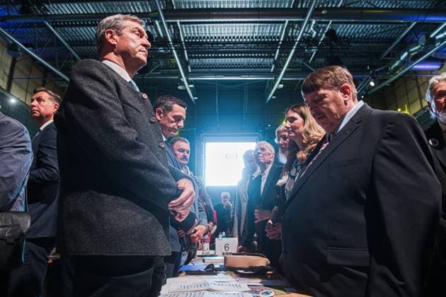 Bavarian Prime Minister Markus Soder, from left, and South Moravian Governor Jan Grolich, and (from right) Sudeten German leader Bernd Posselt and Brno Mayor Marketa Vankova attend the 76th Sudeten German Congress in Brno continued at Brno Exhibition Centre on Sunday, May 24, 2026. (CTKxPhoto PatrikxUhlir) CTKPhotoP2026052405286  CTKPhotoP2026052405286