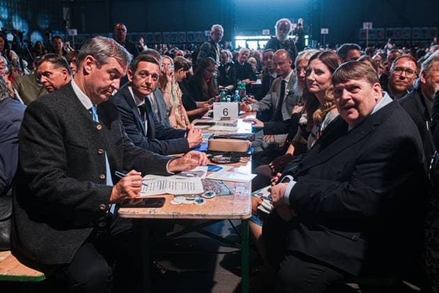 Bavarian Prime Minister Markus Soder, from left, and South Moravian Governor Jan Grolich, and (from right) Sudeten German leader Bernd Posselt and Brno Mayor Marketa Vankova attend the 76th Sudeten German Congress in Brno continued at Brno Exhibition Centre on Sunday, May 24, 2026. (CTKxPhoto PatrikxUhlir) CTKPhotoP2026052405887  CTKPhotoP2026052405887