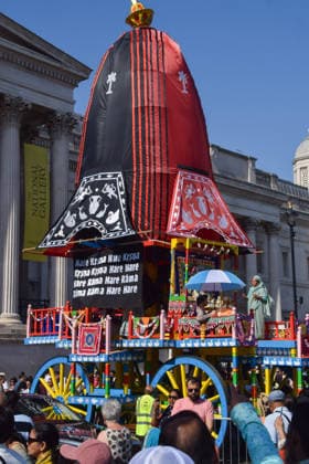 May 24, 2026, London, England, United Kingdom: Chariots arrive in Trafalgar Square during Rathayatra Chariot Festival. Three large chariots, carrying the Deity forms of Jagannatha, Baladeva and Subhadra are pulled through the city and displayed in Trafalgar Square where the main festival takes place annually and is attended by devotees of Krishna. London United Kingdom  - ZUMAv130 20260524_zip_v130_014 Copyright: xVukxValcicx
