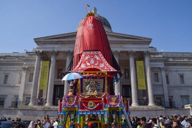 May 24, 2026, London, England, United Kingdom: Chariots arrive in Trafalgar Square during Rathayatra Chariot Festival. Three large chariots, carrying the Deity forms of Jagannatha, Baladeva and Subhadra are pulled through the city and displayed in Trafalgar Square where the main festival takes place annually and is attended by devotees of Krishna. London United Kingdom  - ZUMAv130 20260524_zip_v130_021 Copyright: xVukxValcicx