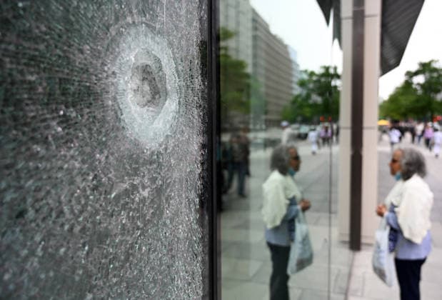 Bullet holes and shattered glass remain at The People s House near White House Complex Bullet holes and shattered glass remain at The People s House, on May 24, 2026, in Washington, DC after the U.S. Secret Service shot a person near the White House on Saturday. On Saturday, May 23, two people were struck in a shooting near the intersection of Pennsylvania Avenue and 17th Street Northwest, located just outside the White House complex. Photo by Olivier Douliery ABACAPRESS.COM Washington DC United States  Copyright: xDoulieryxOlivier ABACAx