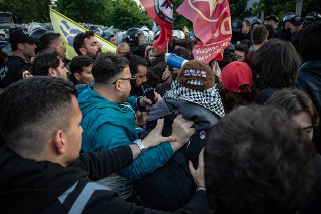 May 24, 2026, Istanbul, Istanbul, Turkey: Students, labor unions and civil society groups clashed with riot police on the third day after Istanbul Bilgi University was allegedly shut down by presidential decree signed by Turkish President Recep Tayyip Erdogan in Istanbul, Turkey, on May 22, 2026. Students occupying university buildings in protest against the closure decision were forcibly removed from the campus by police. Riot police used pepper spray during the intervention as violent scuffles erupted around the university. Demonstrators continued to protest in defense of academic freedom and university autonomy amid a heavy police presence. Istanbul Turkey  - ZUMAt171 20260524_zip_t171_032 Copyright: xAbdullahxTepelix