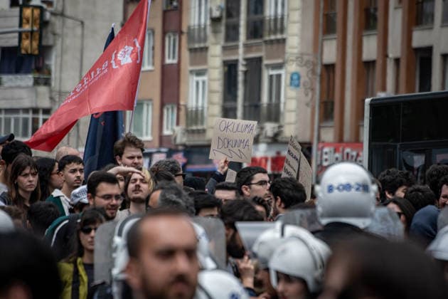 May 24, 2026, Istanbul, Istanbul, Turkey: Students, labor unions and civil society groups clashed with riot police on the third day after Istanbul Bilgi University was allegedly shut down by presidential decree signed by Turkish President Recep Tayyip Erdogan in Istanbul, Turkey, on May 22, 2026. Students occupying university buildings in protest against the closure decision were forcibly removed from the campus by police. Riot police used pepper spray during the intervention as violent scuffles erupted around the university. Demonstrators continued to protest in defense of academic freedom and university autonomy amid a heavy police presence. Istanbul Turkey  - ZUMAt171 20260524_zip_t171_014 Copyright: xAbdullahxTepelix