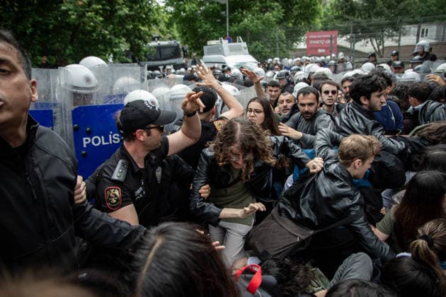 May 24, 2026, Istanbul, Istanbul, Turkey: Students, labor unions and civil society groups clashed with riot police on the third day after Istanbul Bilgi University was allegedly shut down by presidential decree signed by Turkish President Recep Tayyip Erdogan in Istanbul, Turkey, on May 22, 2026. Students occupying university buildings in protest against the closure decision were forcibly removed from the campus by police. Riot police used pepper spray during the intervention as violent scuffles erupted around the university. Demonstrators continued to protest in defense of academic freedom and university autonomy amid a heavy police presence. Istanbul Turkey  - ZUMAt171 20260524_zip_t171_015 Copyright: xAbdullahxTepelix