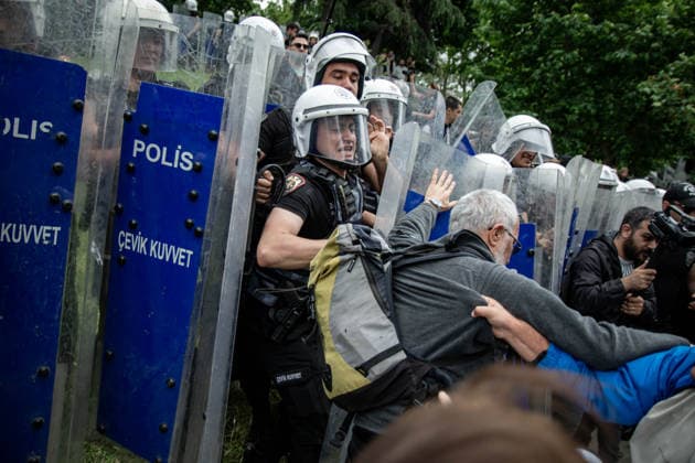 May 24, 2026, Istanbul, Istanbul, Turkey: Students, labor unions and civil society groups clashed with riot police on the third day after Istanbul Bilgi University was allegedly shut down by presidential decree signed by Turkish President Recep Tayyip Erdogan in Istanbul, Turkey, on May 22, 2026. Students occupying university buildings in protest against the closure decision were forcibly removed from the campus by police. Riot police used pepper spray during the intervention as violent scuffles erupted around the university. Demonstrators continued to protest in defense of academic freedom and university autonomy amid a heavy police presence. Istanbul Turkey - ZUMAt171 20260524_zip_t171_024 Copyright: xAbdullahxTepelix