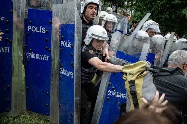 May 24, 2026, Istanbul, Istanbul, Turkey: Students, labor unions and civil society groups clashed with riot police on the third day after Istanbul Bilgi University was allegedly shut down by presidential decree signed by Turkish President Recep Tayyip Erdogan in Istanbul, Turkey, on May 22, 2026. Students occupying university buildings in protest against the closure decision were forcibly removed from the campus by police. Riot police used pepper spray during the intervention as violent scuffles erupted around the university. Demonstrators continued to protest in defense of academic freedom and university autonomy amid a heavy police presence. Istanbul Turkey - ZUMAt171 20260524_zip_t171_028 Copyright: xAbdullahxTepelix