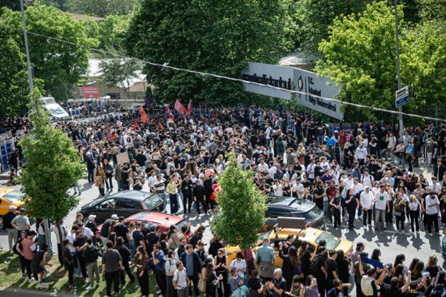 May 24, 2026, Istanbul, Istanbul, Turkey: Students, labor unions and civil society groups clashed with riot police on the third day after Istanbul Bilgi University was allegedly shut down by presidential decree signed by Turkish President Recep Tayyip Erdogan in Istanbul, Turkey, on May 22, 2026. Students occupying university buildings in protest against the closure decision were forcibly removed from the campus by police. Riot police used pepper spray during the intervention as violent scuffles erupted around the university. Demonstrators continued to protest in defense of academic freedom and university autonomy amid a heavy police presence. Istanbul Turkey - ZUMAt171 20260524_zip_t171_029 Copyright: xAbdullahxTepelix
