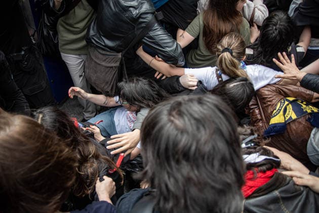 May 24, 2026, Istanbul, Istanbul, Turkey: Students, labor unions and civil society groups clashed with riot police on the third day after Istanbul Bilgi University was allegedly shut down by presidential decree signed by Turkish President Recep Tayyip Erdogan in Istanbul, Turkey, on May 22, 2026. Students occupying university buildings in protest against the closure decision were forcibly removed from the campus by police. Riot police used pepper spray during the intervention as violent scuffles erupted around the university. Demonstrators continued to protest in defense of academic freedom and university autonomy amid a heavy police presence. Istanbul Turkey - ZUMAt171 20260524_zip_t171_030 Copyright: xAbdullahxTepelix