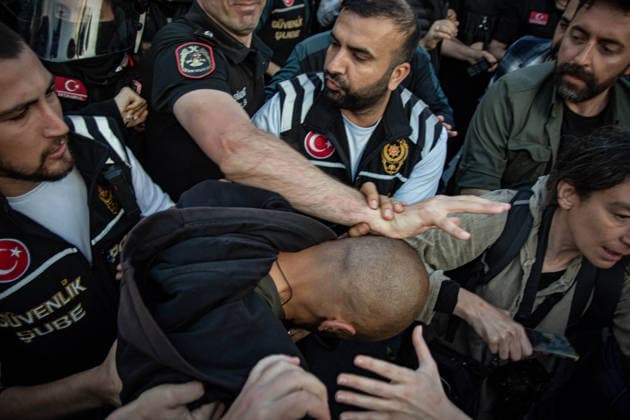 May 24, 2026, Istanbul, Istanbul, Turkey: Students, labor unions and civil society groups clashed with riot police on the third day after Istanbul Bilgi University was allegedly shut down by presidential decree signed by Turkish President Recep Tayyip Erdogan in Istanbul, Turkey, on May 22, 2026. Students occupying university buildings in protest against the closure decision were forcibly removed from the campus by police. Riot police used pepper spray during the intervention as violent scuffles erupted around the university. Demonstrators continued to protest in defense of academic freedom and university autonomy amid a heavy police presence. Istanbul Turkey - ZUMAt171 20260524_zip_t171_033 Copyright: xAbdullahxTepelix