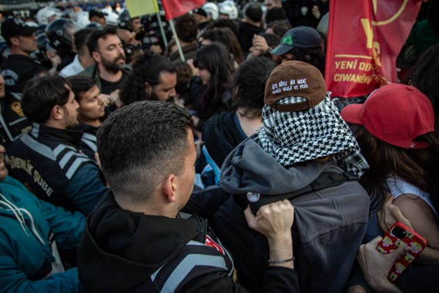 May 24, 2026, Istanbul, Istanbul, Turkey: Students, labor unions and civil society groups clashed with riot police on the third day after Istanbul Bilgi University was allegedly shut down by presidential decree signed by Turkish President Recep Tayyip Erdogan in Istanbul, Turkey, on May 22, 2026. Students occupying university buildings in protest against the closure decision were forcibly removed from the campus by police. Riot police used pepper spray during the intervention as violent scuffles erupted around the university. Demonstrators continued to protest in defense of academic freedom and university autonomy amid a heavy police presence. Istanbul Turkey - ZUMAt171 20260524_zip_t171_035 Copyright: xAbdullahxTepelix