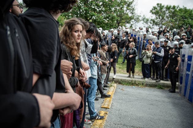 May 24, 2026, Istanbul, Istanbul, Turkey: Students, labor unions and civil society groups clashed with riot police on the third day after Istanbul Bilgi University was allegedly shut down by presidential decree signed by Turkish President Recep Tayyip Erdogan in Istanbul, Turkey, on May 22, 2026. Students occupying university buildings in protest against the closure decision were forcibly removed from the campus by police. Riot police used pepper spray during the intervention as violent scuffles erupted around the university. Demonstrators continued to protest in defense of academic freedom and university autonomy amid a heavy police presence. Istanbul Turkey - ZUMAt171 20260524_zip_t171_039 Copyright: xAbdullahxTepelix