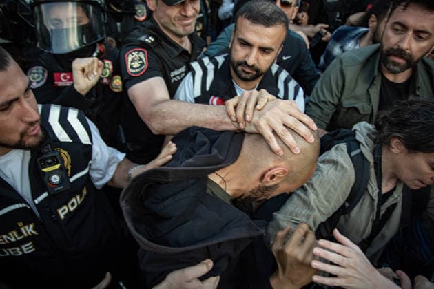 May 24, 2026, Istanbul, Istanbul, Turkey: Students, labor unions and civil society groups clashed with riot police on the third day after Istanbul Bilgi University was allegedly shut down by presidential decree signed by Turkish President Recep Tayyip Erdogan in Istanbul, Turkey, on May 22, 2026. Students occupying university buildings in protest against the closure decision were forcibly removed from the campus by police. Riot police used pepper spray during the intervention as violent scuffles erupted around the university. Demonstrators continued to protest in defense of academic freedom and university autonomy amid a heavy police presence. Istanbul Turkey - ZUMAt171 20260524_zip_t171_044 Copyright: xAbdullahxTepelix