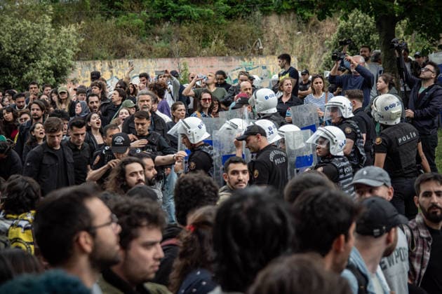 May 24, 2026, Istanbul, Istanbul, Turkey: Students, labor unions and civil society groups clashed with riot police on the third day after Istanbul Bilgi University was allegedly shut down by presidential decree signed by Turkish President Recep Tayyip Erdogan in Istanbul, Turkey, on May 22, 2026. Students occupying university buildings in protest against the closure decision were forcibly removed from the campus by police. Riot police used pepper spray during the intervention as violent scuffles erupted around the university. Demonstrators continued to protest in defense of academic freedom and university autonomy amid a heavy police presence. Istanbul Turkey - ZUMAt171 20260524_zip_t171_046 Copyright: xAbdullahxTepelix