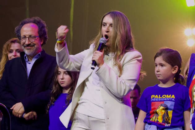 May 24, 2026, Bogota, Cundinamarca, COLOMBIA: With her husband TOMAS RODRIGUEZ and daughter Amapola (left), and other family, PALOMA VALENCIA addresses a crowd of supporters during her final campaign rally ahead of the May 31 first-round election. Standing on a platform of strict public security and private sector investment, the Centro DemocroÂ¡tico candidate is making her final push to secure a spot in the projected June runoff. Bogota COLOMBIA  - ZUMAd225 20260524_znp_d225_003 Copyright: xZoraidaxDiazx