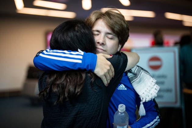 May 24, 2026, Vancouver, Bc, CANADA: Sebastian Tow, right, member of the Gaza flotilla, reunites with his mother Anita Wittenberg as he arrives at the Vancouver International Airport in Richmond B.C., on Sunday, May 24, 2026. Vancouver CANADA  - ZUMAc35_ 20260524_zaf_c35_151 Copyright: xEthanxCairnsx