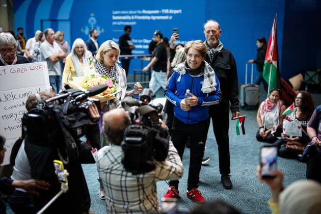 May 24, 2026, Vancouver, Bc, CANADA: Mary Grace Mathisen, left to right, Sebastian Tow, and Michael France, members of the Gaza bound flotilla which was detained by Israel, arrive at the Vancouver International Airport in Richmond B.C., on Sunday, May 24, 2026. Vancouver CANADA  - ZUMAc35_ 20260524_zaf_c35_153 Copyright: xEthanxCairnsx