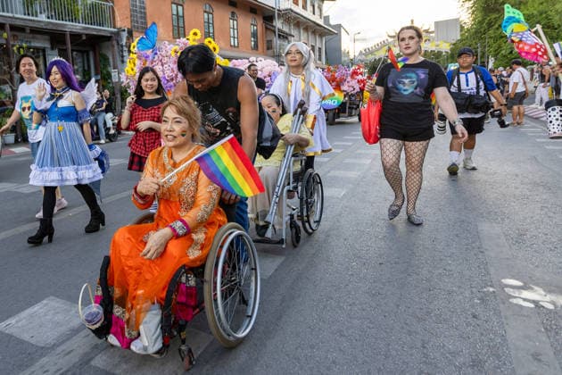 The Chiang Mai Pride Parade 2026 celebrations in Chiang Mai, Thailand - 24 May 2026 Participants ride on wheelchairs during The Chiang Mai Pride Parade 2026 celebrations. The Chiang Mai Pride Parade 2026 took place in Chiang Mai, Thailand. Chiang Mai province holds Thailandís first Pride Month celebrations annually, promoting gender equality, diversity, and human rights as part of Pride Month activities in northern Thailand. Chiang Mai Thailand Copyright: xPongmanatxTasirix xSOPAxImagesx PTASIRI240526R6II7190