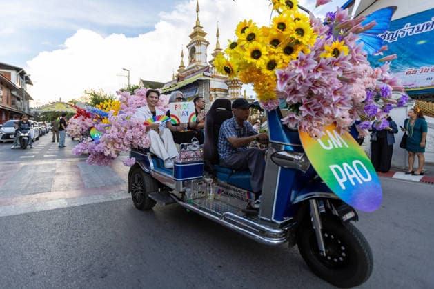 The Chiang Mai Pride Parade 2026 celebrations in Chiang Mai, Thailand - 24 May 2026 Participants ride on a flower-decorated Tuk Tuk vehicle during The Chiang Mai Pride Parade 2026 celebrations. The Chiang Mai Pride Parade 2026 took place in Chiang Mai, Thailand. Chiang Mai province holds Thailandís first Pride Month celebrations annually, promoting gender equality, diversity, and human rights as part of Pride Month activities in northern Thailand. Chiang Mai Thailand Copyright: xPongmanatxTasirix xSOPAxImagesx PTASIRI240526R6II7211