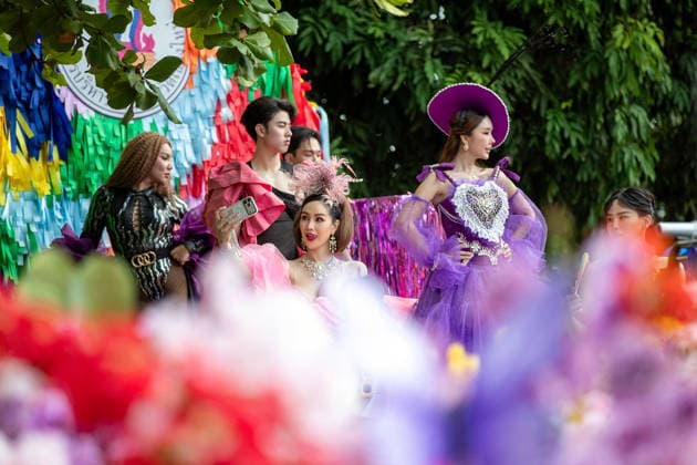 May 24, 2026, Chiang Mai, Thailand: Participants dressed in colorful costumes pose on a parade float while one participant takes a selfie during The Chiang Mai Pride Parade 2026 celebrations . The Chiang Mai Pride Parade 2026 took place in Chiang Mai, Thailand. Chiang Mai province holds Thailandis first Pride Month celebrations annually, promoting gender equality, diversity, and human rights as part of Pride Month activities in northern Thailand. Chiang Mai Thailand  - ZUMAs197 20260524_aaa_s197_129 Copyright: xPongmanatxTasirix