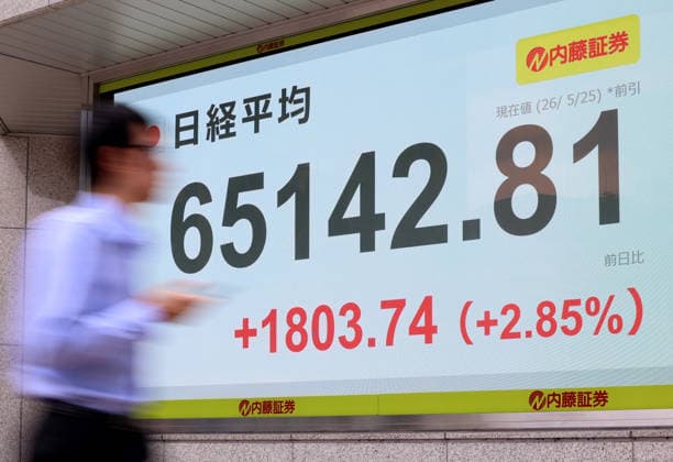 May 25, 2026, Tokyo, Japan - A pedestrian passes before a share prices board in Tokyo on Monday, May 25, 2026. Japan s share prices rose 1803.74 yen to close at 65,142.81 yen at the morning session of the Tokyo Stock Exchange. (photo by Yoshio Tsunoda AFLO)  aflo_331918525