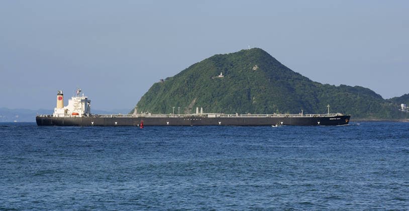 First arrival to Japan of oil tanker passing Hormuz since Iran war Photo taken from Tahara in Aichi Prefecture, central Japan, shows the Idemitsu Maru, an oil tanker operated by a unit of major Japanese petroleum company Idemitsu Kosan Co., arriving in Ise Bay on May 25, 2026, after transiting the Strait of Hormuz in late April. It is the first oil tanker to arrive in Japan through the strait since the Iran war erupted and left traffic through the vital energy route heavily restricted.  A14AA0005611053P