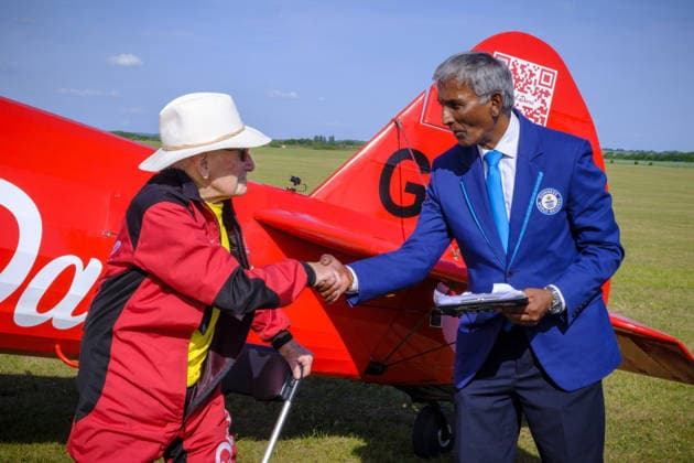 Wing Walker World Record Duxford, UK, 23, May,2026 98-year-old Harry Heasman, became the oldest person to wing walk on an aircraft with the feat officially recognised by Guinness World Records at IWM Duxford  Copyright: xJasonxByex NINTCHDBPICT001083537060
