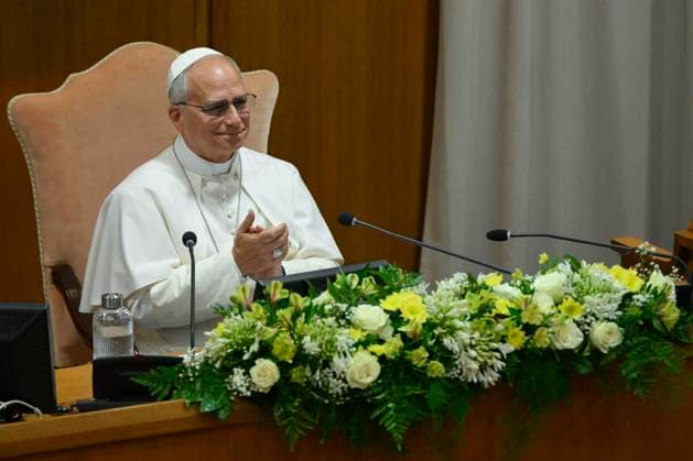 ITALY - POPE LEO XIV ATTENDS THE PRESENTATION OF HIS FIRST ENCYCLICAL LETTER MAGNIFICA HUMANITAS AT THE VATICAN - 2026 5 25 Italy, Rome, Vatican, 2026 5 25. Pope Leo XIV attends the presentation of his first Encyclical Letter Magnifica Humanitas focused on the rise of artificial intelligence, in The Vatican EDITORIAL USE ONLY - NO BOOKS Copyright: xVATICANxMEDIAx