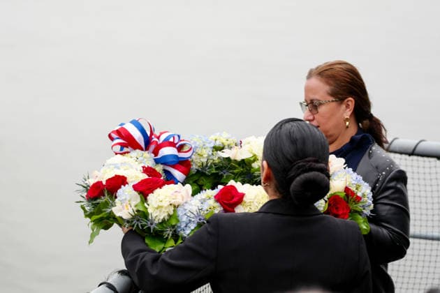 Intrepid Museum Memorial Day Ceremony New York, NY- May 25: Mayor Zohran Kwame Mamdani Attends the Intrepid Museum Memorial Day Ceremony and participates in Ceremonial Wreath Throwing into Hudson River with Ken Fisher, Admiral Karl Thomas, City Council Member Julie Mennin, Frank Morano, Captain Johnathan Andrechik, and Congressman Dan Goldman on May 25 2026 Credit: Camara Porter AdMedia EDITORIAL USE ONLY  Copyright: xx AdMediax admphotostwo991774