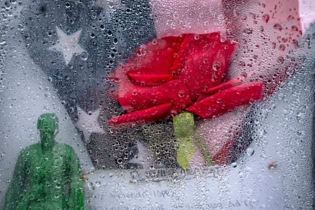 A shadow box with a flower and army figure is seen at the Vietnam Veterans Memorial on Memorial Day in Washington, DC on Monday, May 25, 2026.  WAP20260525305 BONNIExCASH