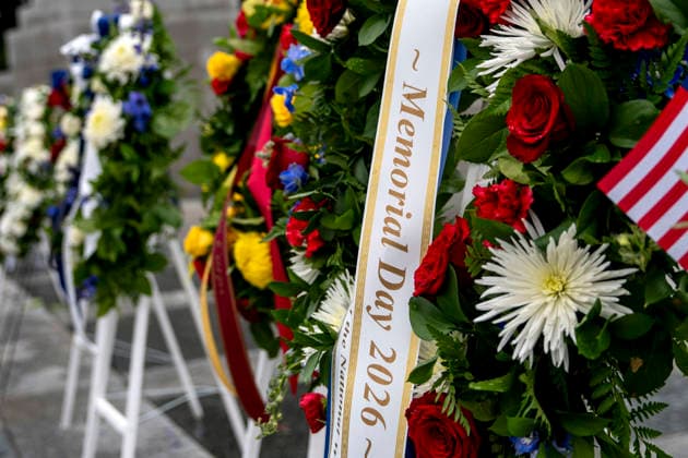 Wreaths stand at the World War II Memorial on Memorial Day in Washington, DC on Monday, May 25, 2026.  WAP20260525320 BONNIExCASH