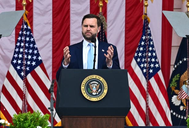 United States Vice President JD Vance speaks prior to US President Donald J Trump delivering remarks in the Amphitheater after laying a wreath at the Tomb of the Unknowns at Arlington National Cemetery in Arlington, Virginia on Memorial Day, Monday, May 25, 2026.  WAX20260525261 KylexMazza