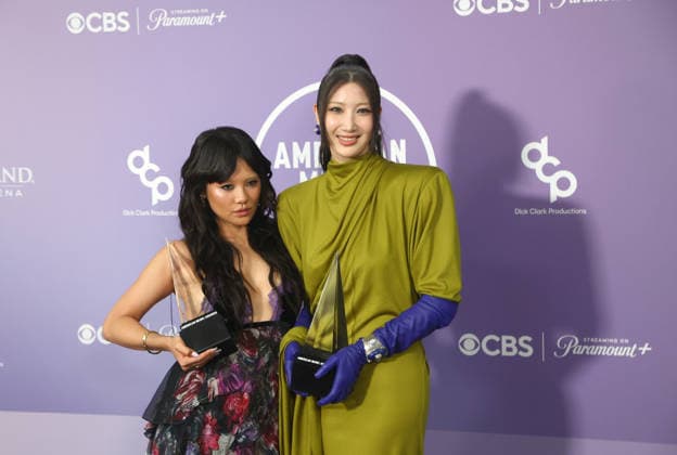 Rei Ami and EJAE of Huntrix, winners of the Song of the Year award for Golden appear backstage on the winners walk during the 52nd annual American Music Awards at the MGM Grand Garden Arena in Las Vegas on Monday, May 25, 2026.  LAV20260525553 JAMESxATOA