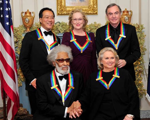 **FILE PHOTO** Sonny Rollins Has Passed Away. The five recipients of the 2011 Kennedy Center Honors pose for a photo following a dinner hosted by United States Secretary of State Hillary Rodham Clinton at the U.S. Department of State in Washington, D.C. on Saturday, December 3, 2011. Back row, from left to right: musician Yo-Yo Ma; actress Meryl Streep; and singer Neil Diamond. Front row, from left to right: musician Sonny Rollins; and actress Barbara Cook. Copyright: xCNP xMediaPunchx