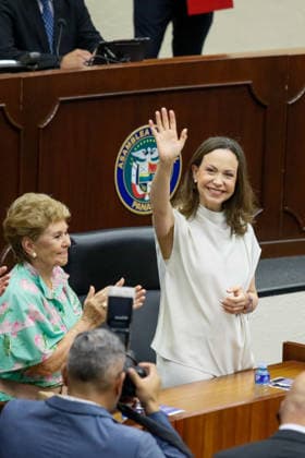 Maria Corina Machado visits Panama PANAMA CITY, PANAMA - MAY 25: Venezuelan opposition leader and winner of the Nobel Peace Prize Maria Corina Machado greets supporters as she arrives to the National Assembly in Panama City, Panama on May 25, 2026. Machado who is announced her candidacy for the presidency of Venezuela, is visiting Panama as part of a regional tour, during which she is set to meet with members of the Venezuelan diaspora and Panamanian President Jose Raul Mulino. Daniel Gonzalez Anadolu Panama City Panama. Editorial use only. Please get in touch for any other usage.  Copyright: x2026xAnadoluxDanielxGonzalezx