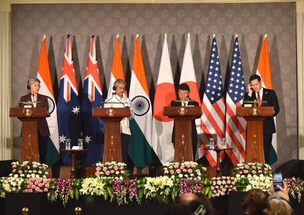 Wong - Jaishankar - Motegi - Rubio joint press conference in New Delhi NEW DELHI, INDIA - MAY 26: From (L-R) Australian Foreign Minister Penny Wong, Indian Minister of External Affairs Subrahmanyam Jaishankar, Japanese Foreign Minister Toshimitsu Motegi, and US Secretary of State Marco Rubio, attend a joint press conference following the Quad Foreign Ministers Meeting at the Hyderabad House, in New Delhi, India on May 26, 2026. Imtiyaz Khan Anadolu New Delhi India. Editorial use only. Please get in touch for any other usage.  Copyright: x2026xAnadoluxImtiyazxKhanx