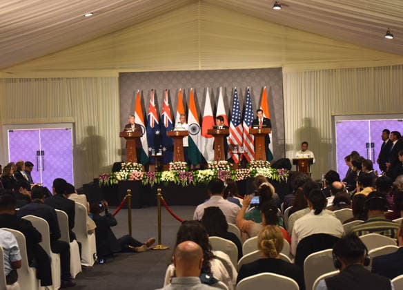 Wong - Jaishankar - Motegi - Rubio joint press conference in New Delhi NEW DELHI, INDIA - MAY 26: From (L-R) Australian Foreign Minister Penny Wong, Indian Minister of External Affairs Subrahmanyam Jaishankar, Japanese Foreign Minister Toshimitsu Motegi, and US Secretary of State Marco Rubio, attend a joint press conference following the Quad Foreign Ministers Meeting at the Hyderabad House, in New Delhi, India on May 26, 2026. Imtiyaz Khan Anadolu New Delhi India. Editorial use only. Please get in touch for any other usage.  Copyright: x2026xAnadoluxImtiyazxKhanx