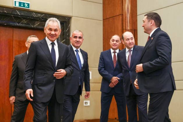 RUSSIA, MOSCOW - MAY 26, 2026: Russian Security Council Secretary Sergei Shoigu, Tajikistan s Security Council Secretary Yusuf Rahmon, Belarusian Security Council Secretary Alexander Volfovich, Kazakhstan s Security Council Secretary Gizat Nurdauletov and Kyrgyzstan s Security Council Secretary Adilet Orozbekov (L-R) before a meeting of the Committee of Security Council Secretaries of the Collective Security Treaty Oranisation (CSTO). Artyom Geodakyan TASS  93049749