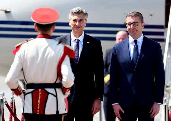 Hristijan Mickoski Prime Minister of North Macedonia (R) welcomes his counterpart Andrej Plenkovic Primeminister of Croatia (L) in Ohrid, Republic of North Macedonia, MAy 26 2026. IMAGO PETR STOJANOVSKI