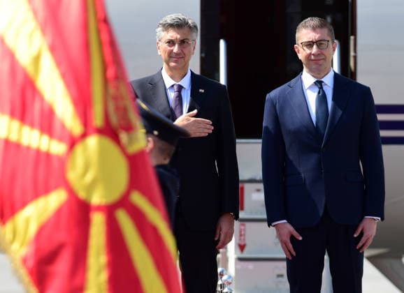 Hristijan Mickoski Prime Minister of North Macedonia (R) welcomes his counterpart Andrej Plenkovic Primeminister of Croatia (L) in Ohrid, Republic of North Macedonia, MAy 26 2026. IMAGO PETR STOJANOVSKI