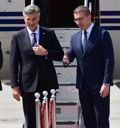 Hristijan Mickoski Prime Minister of North Macedonia (R) welcomes his counterpart Andrej Plenkovic Primeminister of Croatia (L) in Ohrid, Republic of North Macedonia, MAy 26 2026. IMAGO PETR STOJANOVSKI