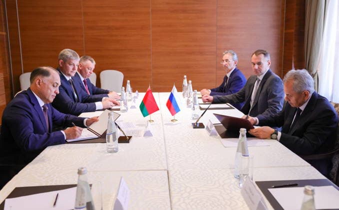 RUSSIA, MOSCOW - MAY 26, 2026: Belarusian Security Council Secretary Alexander Volfovich (L front) and Russian Security Council Secretary Sergei Shoigu (R front) during a bilateral meeting on the sidelines of a meeting of the Committee of Security Council Secretaries of the Collective Security Treaty Oranisation (CSTO). Artyom Geodakyan TASS  93053608