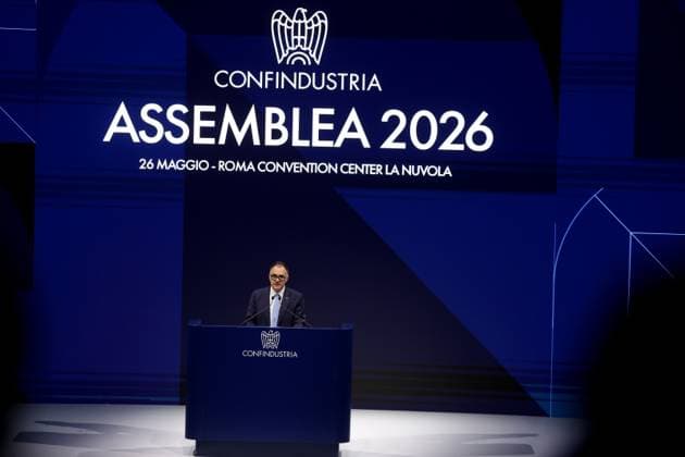 RECORD DATE NOT STATED IPA85085751 - Rome, May 26, 2026: Emanuele Orsini President of Confindustria Giorgia Meloni speaks at the Public Assembly of Confindustria at the Rome Convention Center La Nuvola in the Eur district of Rome, May 26, 2026. In her speech in front of Italian entrepreneurs, the Prime Minister addresses the issues of industrial policy, competitiveness of the national production system, energy transition and Italy s role in the European and international economic scenario, recalling the need to strengthen investment, employment and dialogue between government and business.  Copyright: xx xx 85085751
