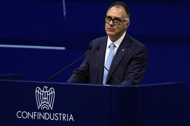 RECORD DATE NOT STATED IPA85085141 - Rome, May 26, 2026: Emanuele Orsini President of Confindustria Giorgia Meloni speaks at the Public Assembly of Confindustria at the Rome Convention Center La Nuvola in the Eur district of Rome, May 26, 2026. In her speech in front of Italian entrepreneurs, the Prime Minister addresses the issues of industrial policy, competitiveness of the national production system, energy transition and Italy s role in the European and international economic scenario, recalling the need to strengthen investment, employment and dialogue between government and business.  Copyright: xx xx 85085141