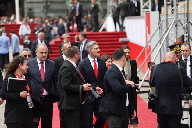Georgia marks 108th anniversary of the founding of the republic TBILISI, GEORGIA - MAY 26: Georgian President Mikheil Kavelashvili (4th L) attends the military parade to mark the 108th anniversary of the founding of the Republic of Georgia, in Tbilisi, Georgia on May 26, 2026. Davit Kachkachishvili Anadolu Tbilisi Georgia. Editorial use only. Please get in touch for any other usage.  Copyright: x2026xAnadoluxDavitxKachkachishvilix