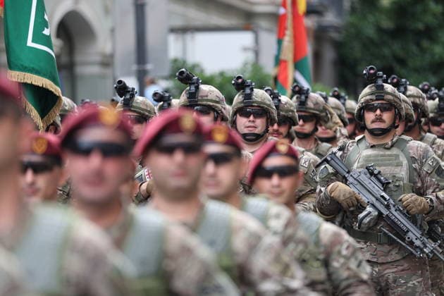 Georgia marks 108th anniversary of the founding of the republic TBILISI, GEORGIA - MAY 26: Georgian Army Soldiers attend the military parade to mark the 108th anniversary of the founding of the Republic of Georgia, in Tbilisi, Georgia on May 26, 2026. Davit Kachkachishvili Anadolu Tbilisi Georgia. Editorial use only. Please get in touch for any other usage.  Copyright: x2026xAnadoluxDavitxKachkachishvilix
