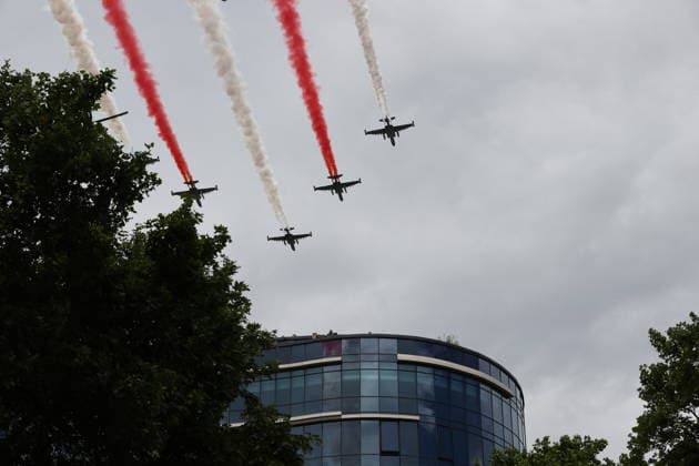 Georgia marks 108th anniversary of the founding of the republic TBILISI, GEORGIA - MAY 26: Georgian Army aircrafts perform a demonstrative flight during the military parade to mark the 108th anniversary of the founding of the Republic of Georgia, in Tbilisi, Georgia on May 26, 2026. Davit Kachkachishvili Anadolu Tbilisi Georgia. Editorial use only. Please get in touch for any other usage.  Copyright: x2026xAnadoluxDavitxKachkachishvilix