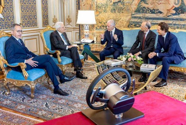 IPA85089105 - Rome - President Sergio Mattarella with John Elkann and Piero Ferrari, respectively Chairman and Vice Chairman - Chief Executive Officer of Ferrari Spa, accompanied by Benedetto Vigna, Vice President of Commercial Management of Ferrari Spa, during the presentation of the Ferrari Luce, today May 25, 2026 (Photo by Paolo Giandotti - Press and Communication Office of the Presidency of the Republic) This is a private photo posted on social media or television media provided by this Agency. The Agency claims no ownership, including but not limited to copyright or licensing of the attached material. The fees charged by this Agency are for the Agency s services only and do not convey, nor are they intended to convey to you, any c  Copyright: xQuirinalex xFotogrammax xQuirinalex xFotogrammax 85089105
