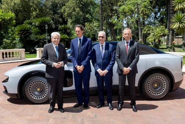 IPA85089114 - Rome - President Sergio Mattarella with John Elkann and Piero Ferrari, respectively Chairman and Vice Chairman - Chief Executive Officer of Ferrari Spa, accompanied by Benedetto Vigna, Vice President of Commercial Management of Ferrari Spa, during the presentation of the Ferrari Luce, today May 25, 2026 (Photo by Paolo Giandotti - Press and Communication Office of the Presidency of the Republic) This is a private photo posted on social media or television media provided by this Agency. The Agency claims no ownership, including but not limited to copyright or licensing of the attached material. The fees charged by this Agency are for the Agency s services only and do not convey, nor are they intended to convey to you, any c  Copyright: xQuirinalex xFotogrammax xQuirinalex xFotogrammax 85089114